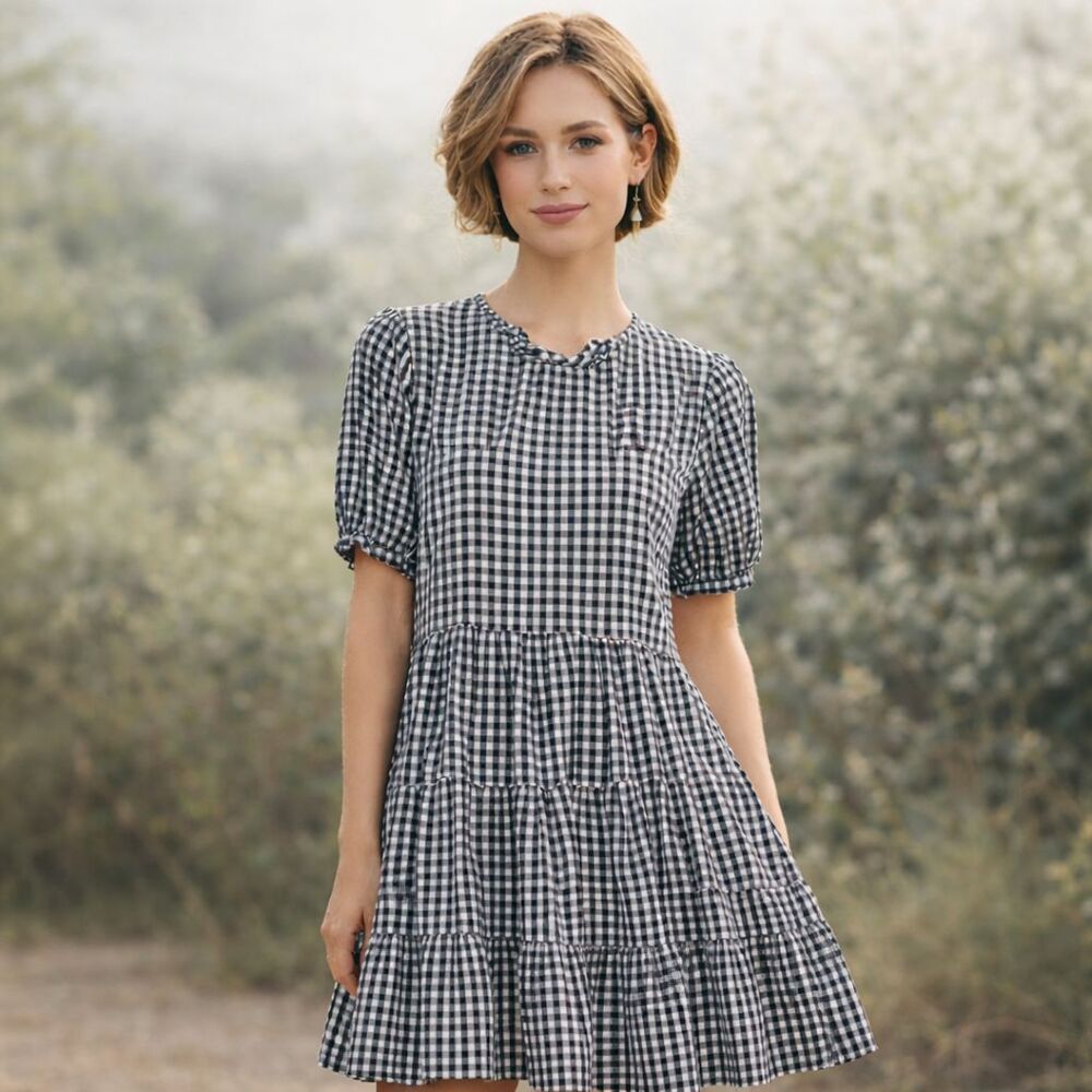 Womens Faithfull Black & White Gingham Tiered Puff Sleeve Midi Dress Size 8